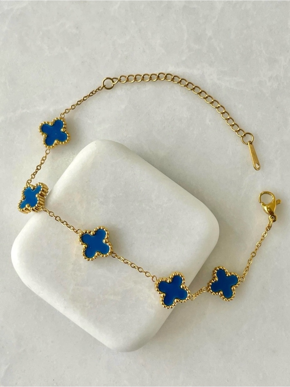 Blue Four Leaf Clover Bracelet Stainless Steel Double Sided Adjustable - Picture 2 of 4